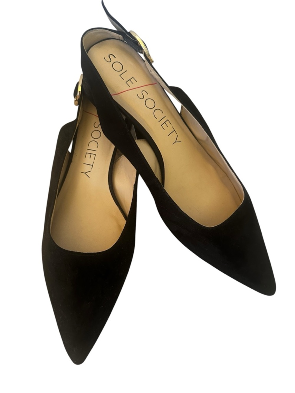 Sole Society Black Suede Pointed Slingback Flats with Gold Buckle Women’s Size 9